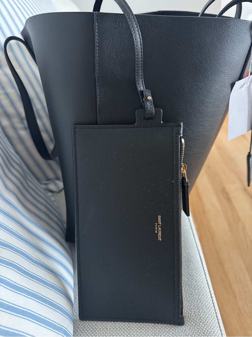 Saint Laurent Black Leather Tote with Gold Logo Accent - Picture 8 of 9